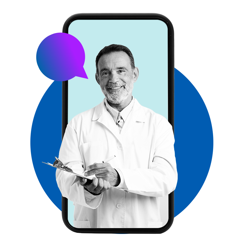 Smiling clinician in a white coat holding a clipboard and pen, with a mobile phone cutout and empty speech bubble behind them