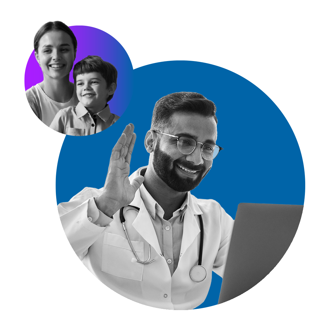 Large circle image of a clinician smiling and waving on a laptop, with a smaller circle showing a caregiver and child smiling, suggesting a video call
